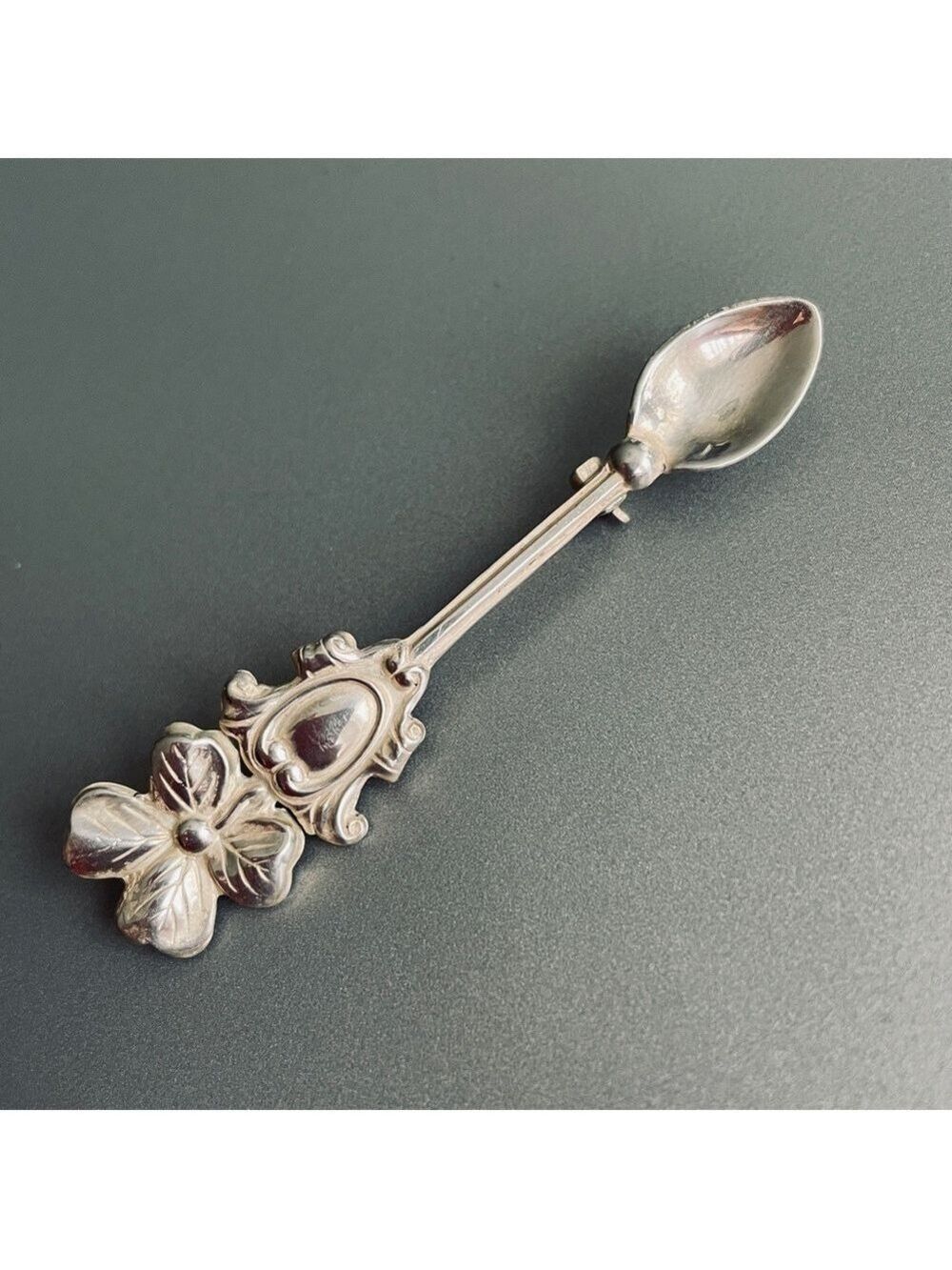 Lucky Four Leaf Clover Art Deco Spoon Antique Vtg Sterling Silver Pin Br… - Picture 2 of 7